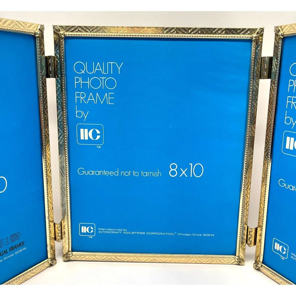 Vintage Tri-Fold Gold Tone Hinged Picture Frame Holds (3) 8x10 Photos-Tabletop